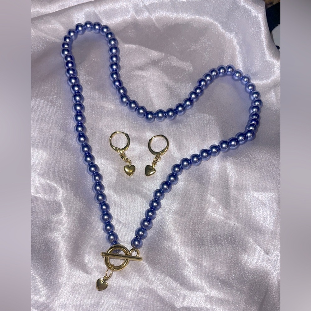 Custom made Pearl Necklace and Gold Heart Earrings Set✨